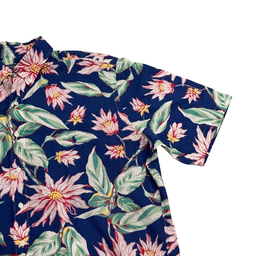 Polo Ralph Lauren Mens XLT Seersucker Floral Button Down Shirt NavyBlue Tropical